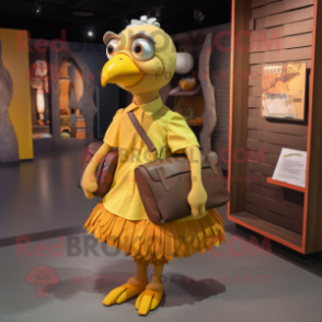 Gold Guinea Fowl mascot costume character dressed with a Pleated Skirt and Backpacks