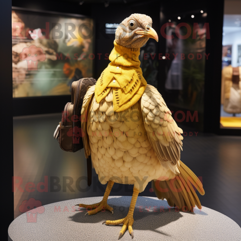 Gold Guinea Fowl mascot costume character dressed with a Pleated Skirt and Backpacks Gold Guinea Fowl mascot costume character dressed with a Pleated Skirt and Backpacks
