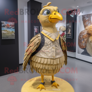 Gold Guinea Fowl mascot costume character dressed with a Pleated Skirt and Backpacks