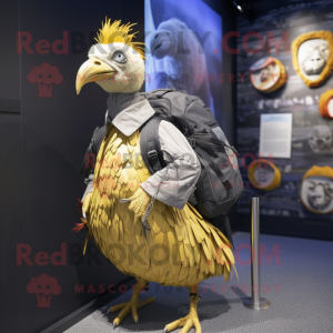 Gold Guinea Fowl mascot costume character dressed with a Pleated Skirt and Backpacks