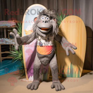 Gray Baboon mascot costume character dressed with a Board Shorts and Headbands