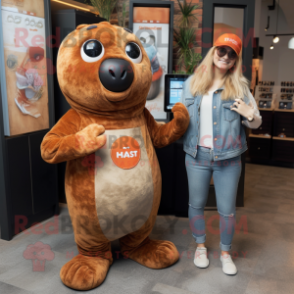 Rust Seal mascot costume character dressed with a Mom Jeans and Earrings