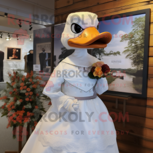 Rust Duck mascot costume character dressed with a Wedding Dress and Lapel pins