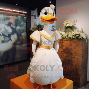 Rust Duck mascot costume character dressed with a Wedding Dress and Lapel pins