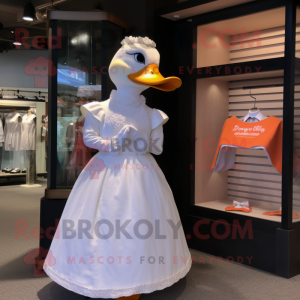 Rust Duck mascot costume character dressed with a Wedding Dress and Lapel pins