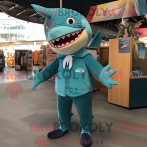 Teal Shark maskot kostume...