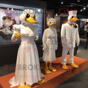 Rust Duck mascot costume character dressed with a Wedding Dress and Lapel pins