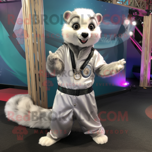 Silver Ferret mascot costume character dressed with a Romper and Rings