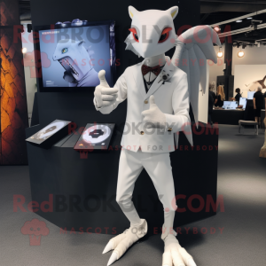 White Pterodactyl mascot costume character dressed with a Suit Pants and Smartwatches