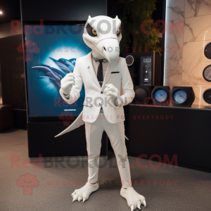 White Pterodactyl mascot costume character dressed with a Suit Pants and Smartwatches