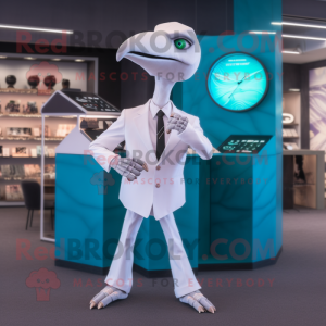 White Pterodactyl mascot costume character dressed with a Suit Pants and Smartwatches