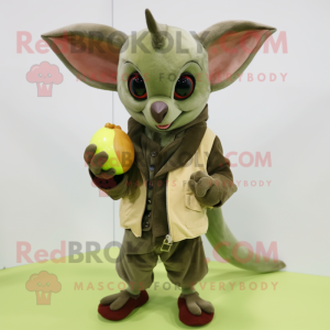 Olive Fruit Bat mascot costume character dressed with a Chinos and Mittens
