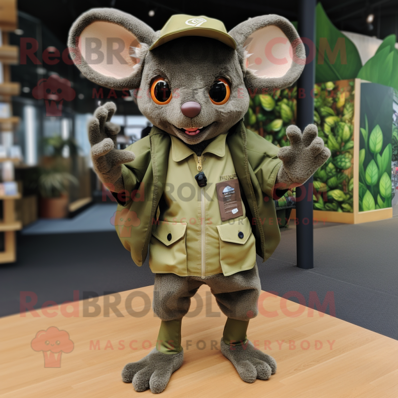 Olive Fruit Bat mascot costume character dressed with a Chinos and Mittens Olive Fruit Bat mascot costume character dressed with a Chinos and Mittens