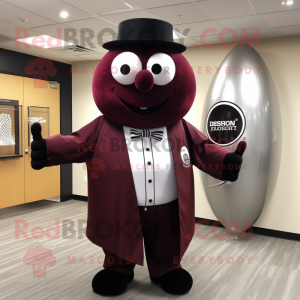 Maroon Baseball Ball mascot costume character dressed with a Tuxedo and Shawl pins