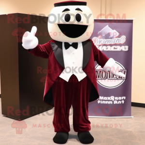 Maroon Baseball Ball mascot costume character dressed with a Tuxedo and Shawl pins