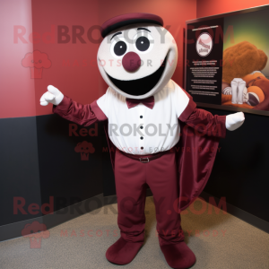 Maroon Baseball Ball mascot costume character dressed with a Tuxedo and Shawl pins