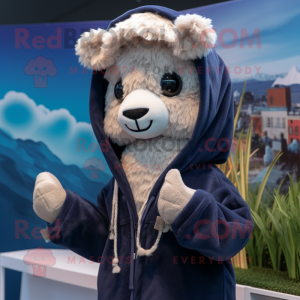 Navy Alpaca mascot costume character dressed with a Hoodie and Hairpins