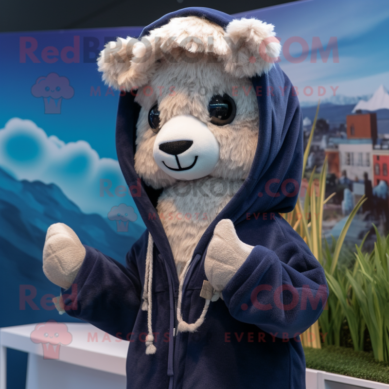 Navy Alpaca mascot costume character dressed with a Hoodie and Hairpins Navy Alpaca mascot costume character dressed with a Hoodie and Hairpins