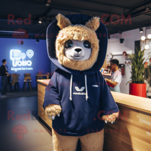 Navy Alpaca mascot costume character dressed with a Hoodie and Hairpins