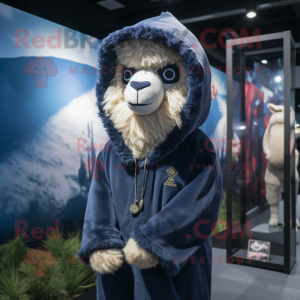 Navy Alpaca mascot costume character dressed with a Hoodie and Hairpins