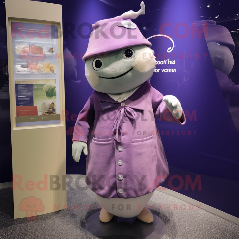 Lavender Tuna mascot costume character dressed with a Coat and Cummerbunds Lavender Tuna mascot costume character dressed with a Coat and Cummerbunds