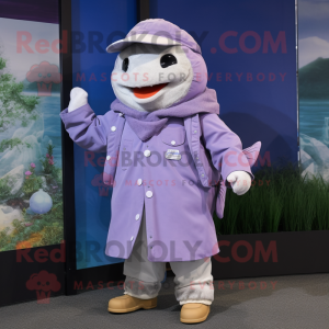 Lavender Tuna mascot costume character dressed with a Coat and Cummerbunds