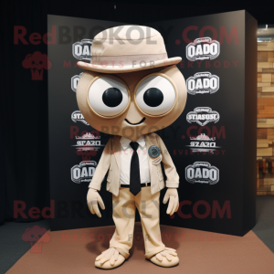 Tan Squid mascot costume character dressed with a Oxford Shirt and Lapel pins
