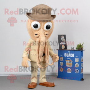 Tan Squid mascot costume character dressed with a Oxford Shirt and Lapel pins