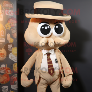 Tan Squid mascot costume character dressed with a Oxford Shirt and Lapel pins