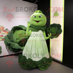 Green Cauliflower mascot costume character dressed with a Evening Gown and Cummerbunds