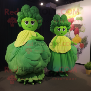 Green Cauliflower mascot costume character dressed with a Evening Gown and Cummerbunds