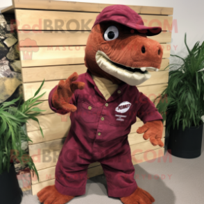 Maroon Iguanodon mascot costume character dressed with a Dungarees and Hair clips