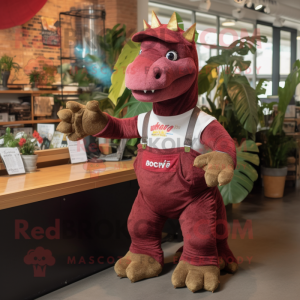 Maroon Iguanodon mascot costume character dressed with a Dungarees and Hair clips