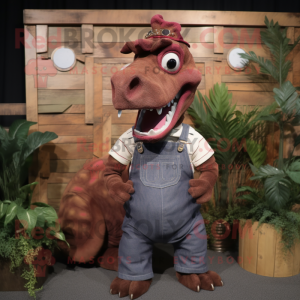 Maroon Iguanodon mascot costume character dressed with a Dungarees and Hair clips