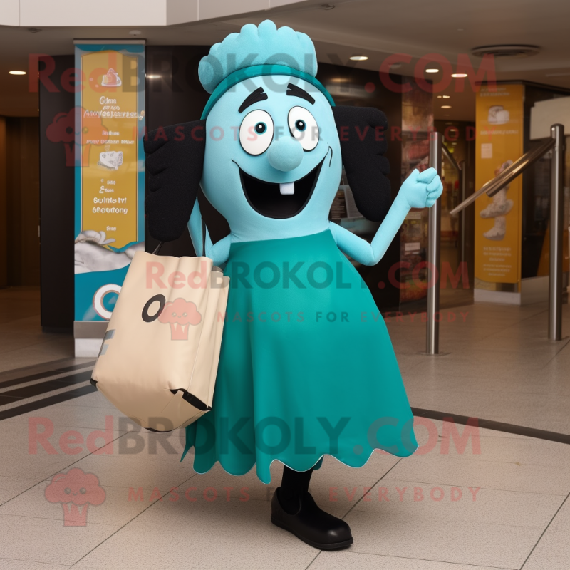 Turquoise Guinness mascot costume character dressed with a Pencil Skirt and Tote bags