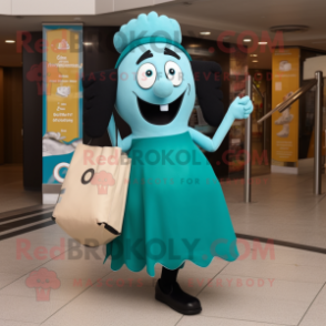 Turquoise Guinness mascot costume character dressed with a Pencil Skirt and Tote bags