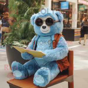 Sky Blue Sloth mascot costume character dressed with a Boyfriend Jeans and Reading glasses