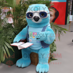 Sky Blue Sloth mascot costume character dressed with a Boyfriend Jeans and Reading glasses