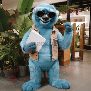 Sky Blue Sloth mascot costume character dressed with a Boyfriend Jeans and Reading glasses