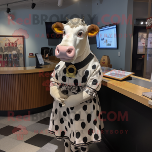 nan Holstein Cow mascot costume character dressed with a Skirt and Lapel pins