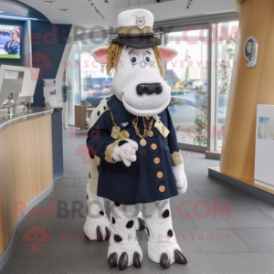 nan Holstein Cow mascot costume character dressed with a Skirt and Lapel pins