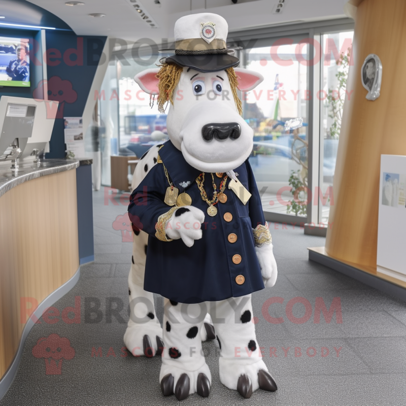 nan Holstein Cow mascot costume character dressed with a Skirt and Lapel pins nan Holstein Cow mascot costume character dressed with a Skirt and Lapel pins