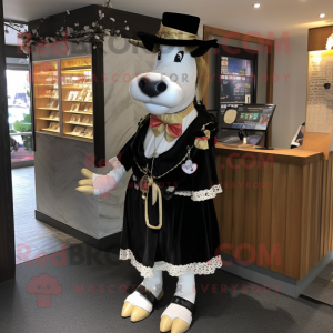 nan Holstein Cow mascot costume character dressed with a Skirt and Lapel pins