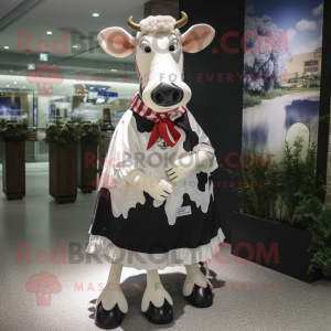 nan Holstein Cow mascot costume character dressed with a Skirt and Lapel pins