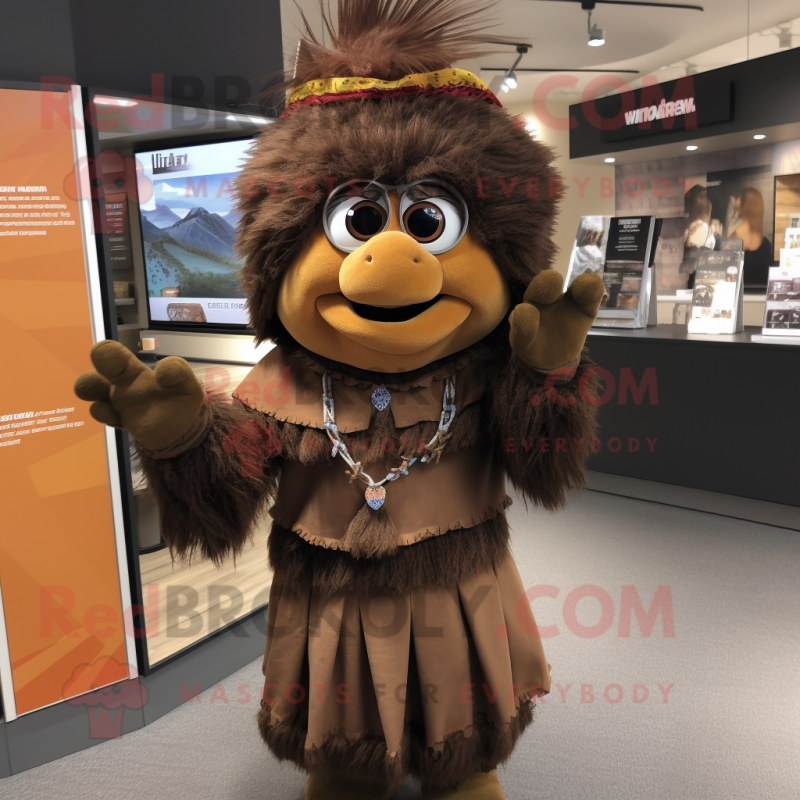 Brown Chief mascot costume character dressed with a Wrap Skirt and Headbands Brown Chief mascot costume character dressed with a Wrap Skirt and Headbands