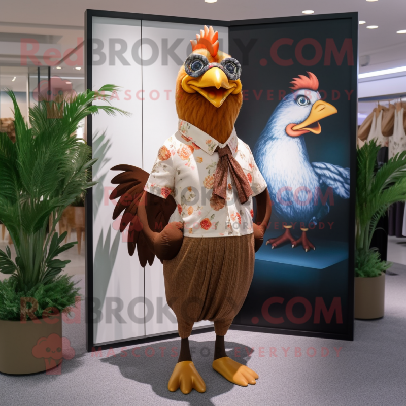 Brown Rooster mascot costume character dressed with a Shift Dress and Pocket squares