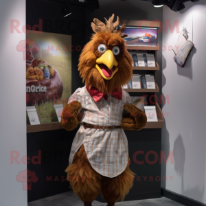 Brown Rooster mascot costume character dressed with a Shift Dress and Pocket squares