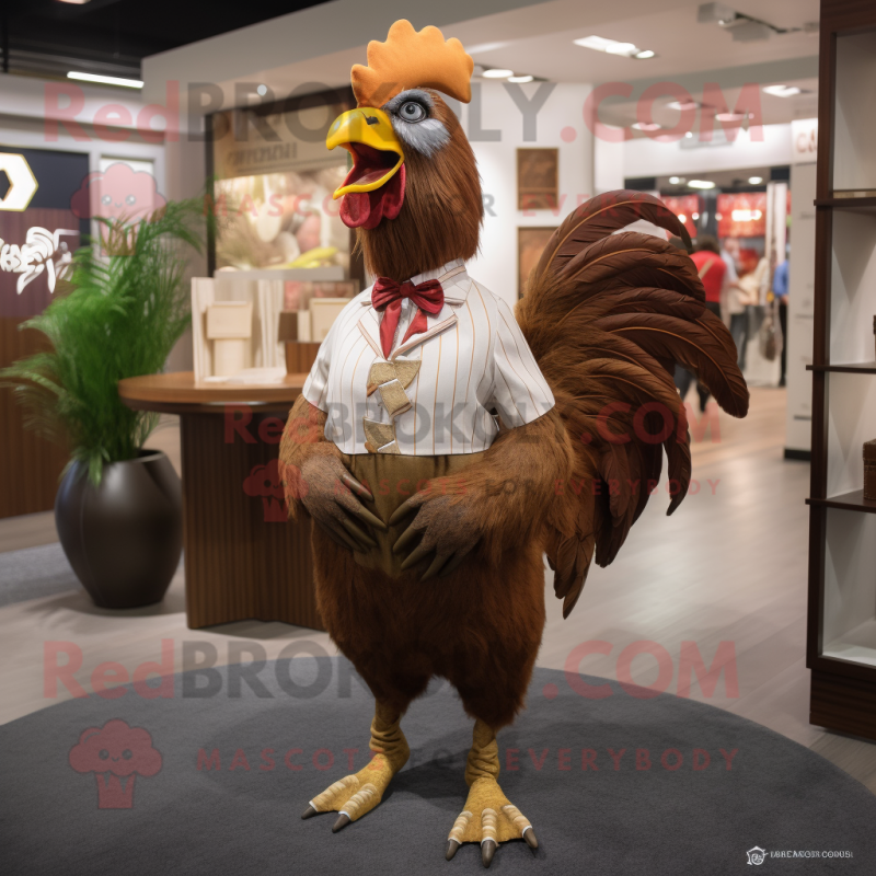 Brown Rooster mascot costume character dressed with a Shift Dress and Pocket squares