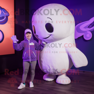 Purple Beluga Whale mascot costume character dressed with a Graphic Tee and Beanies