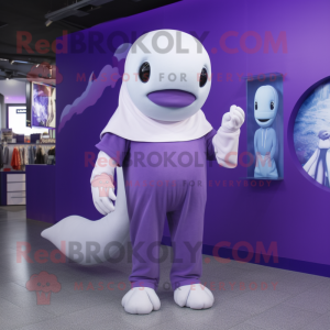 Purple Beluga Whale mascot costume character dressed with a Graphic Tee and Beanies